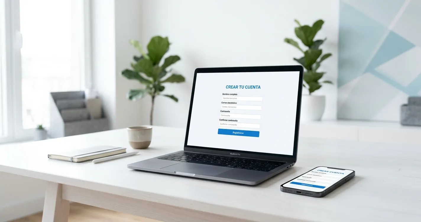 Crear Apple ID gratis - iPhone y MacBook mostrando pantalla de registro de cuenta