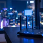 Por qué mi internet es tan lento por la noche - Router WiFi iluminado en ambiente nocturno