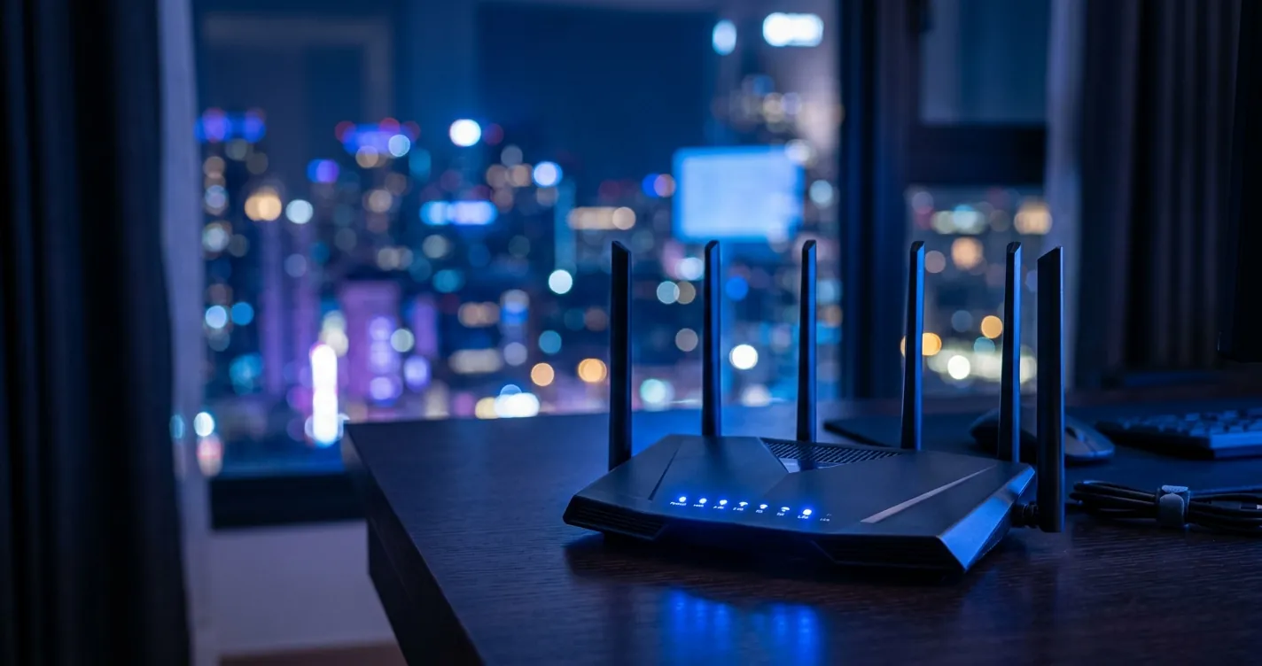Por qué mi internet es tan lento por la noche - Router WiFi iluminado en ambiente nocturno