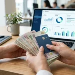 Préstamos estando en el clearing 2026 - Dinero en efectivo y tarjeta bancaria sobre escritorio con laptop financiera