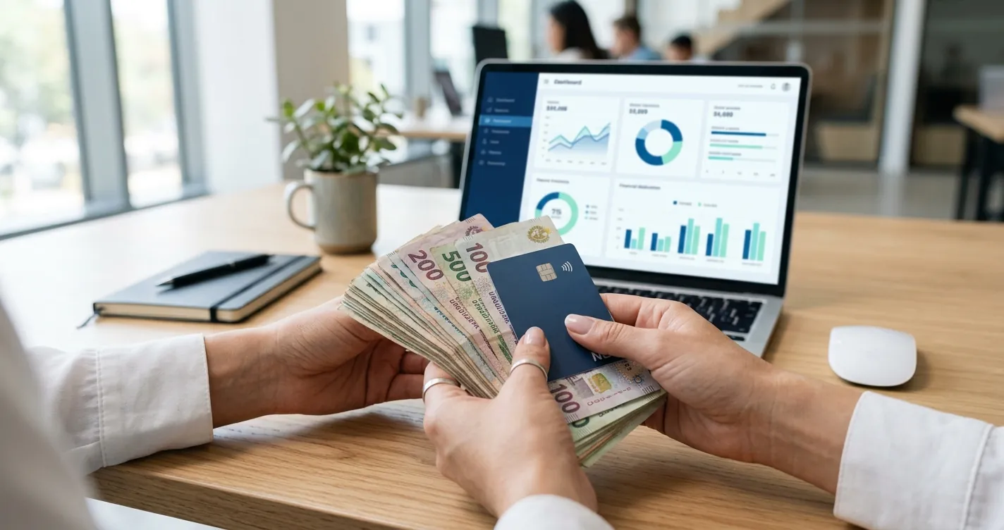 Préstamos estando en el clearing 2026 - Dinero en efectivo y tarjeta bancaria sobre escritorio con laptop financiera