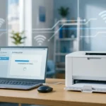 Instalar impresora HP LaserJet P1102w - Impresora láser y laptop configurando conexión inalámbrica