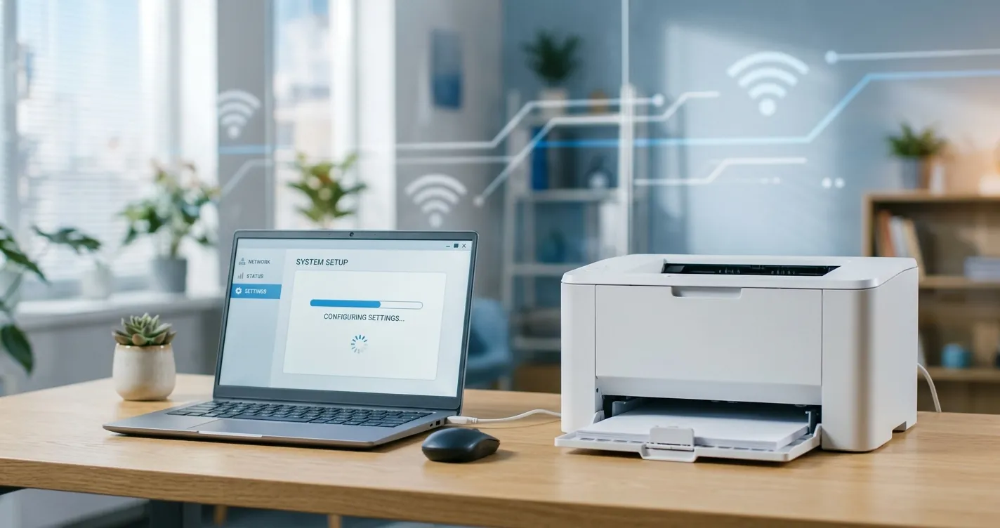 Instalar impresora HP LaserJet P1102w - Impresora láser y laptop configurando conexión inalámbrica