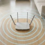 Cómo mejorar la señal WiFi en casa - Router moderno con ondas de señal expandiéndose en una sala