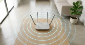 Cómo mejorar la señal WiFi en casa - Router moderno con ondas de señal expandiéndose en una sala