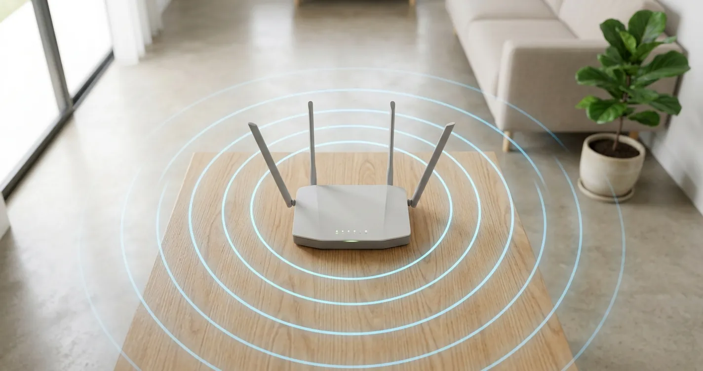 Cómo mejorar la señal WiFi en casa - Router moderno con ondas de señal expandiéndose en una sala