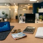 Préstamos con DICOM 2026 en Chile - Escritorio con smartphone, gráfico financiero y dinero chileno