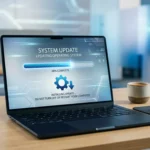 Cómo actualizar una computadora HP 2026: laptop moderna con pantalla de actualización en progreso