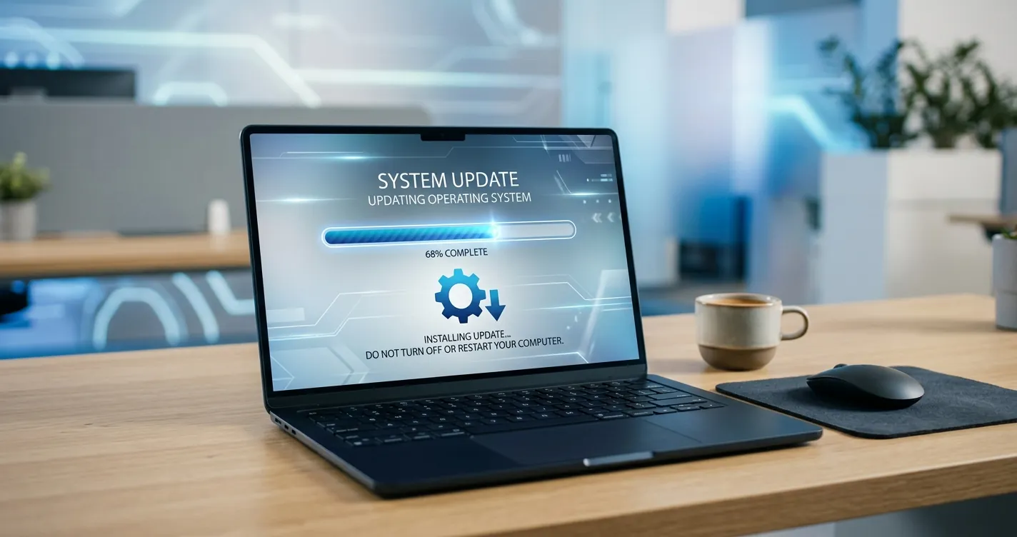 Cómo actualizar una computadora HP 2026: laptop moderna con pantalla de actualización en progreso