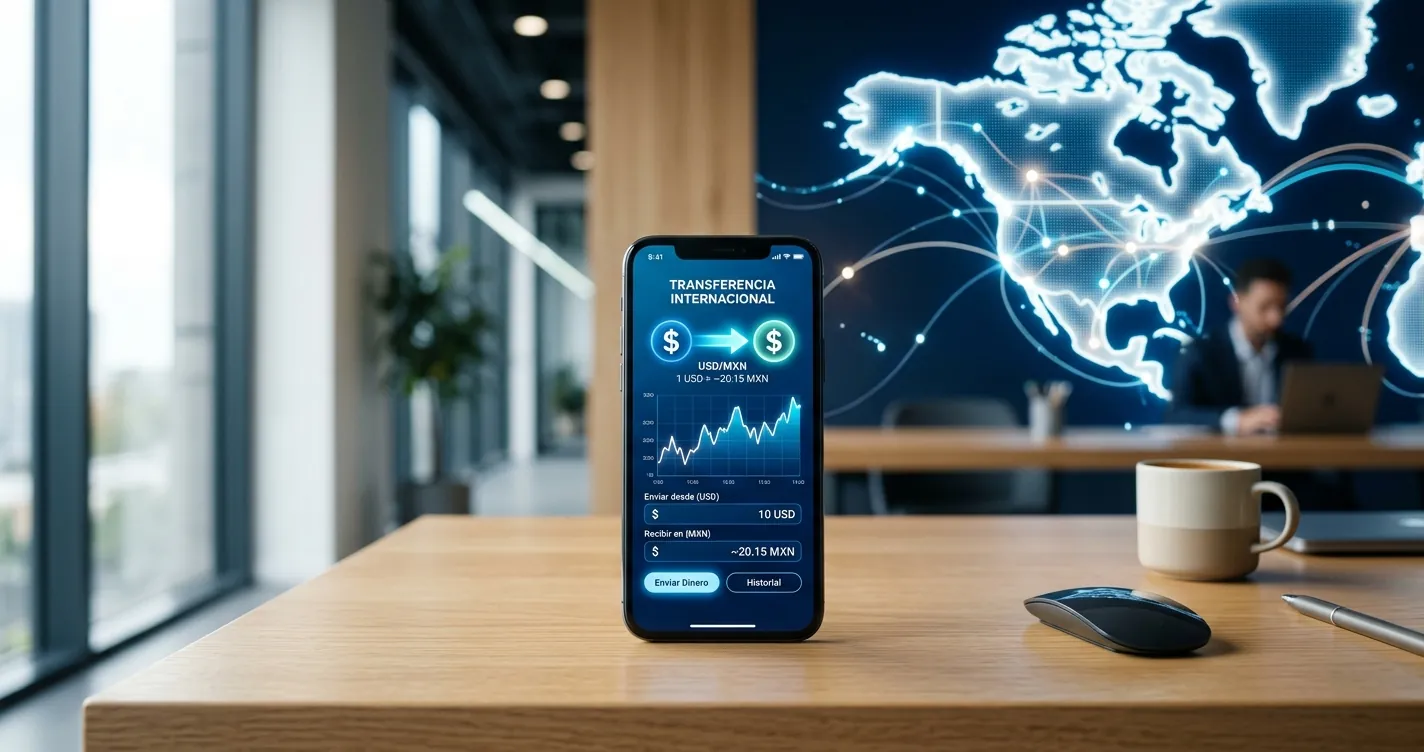 Enviar dinero de Estados Unidos a México barato 2026: smartphone con app de transferencia y tipo de cambio