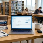 Mejores computadoras para estudiantes 2026: laptop abierta sobre escritorio con libros y mochila universitaria