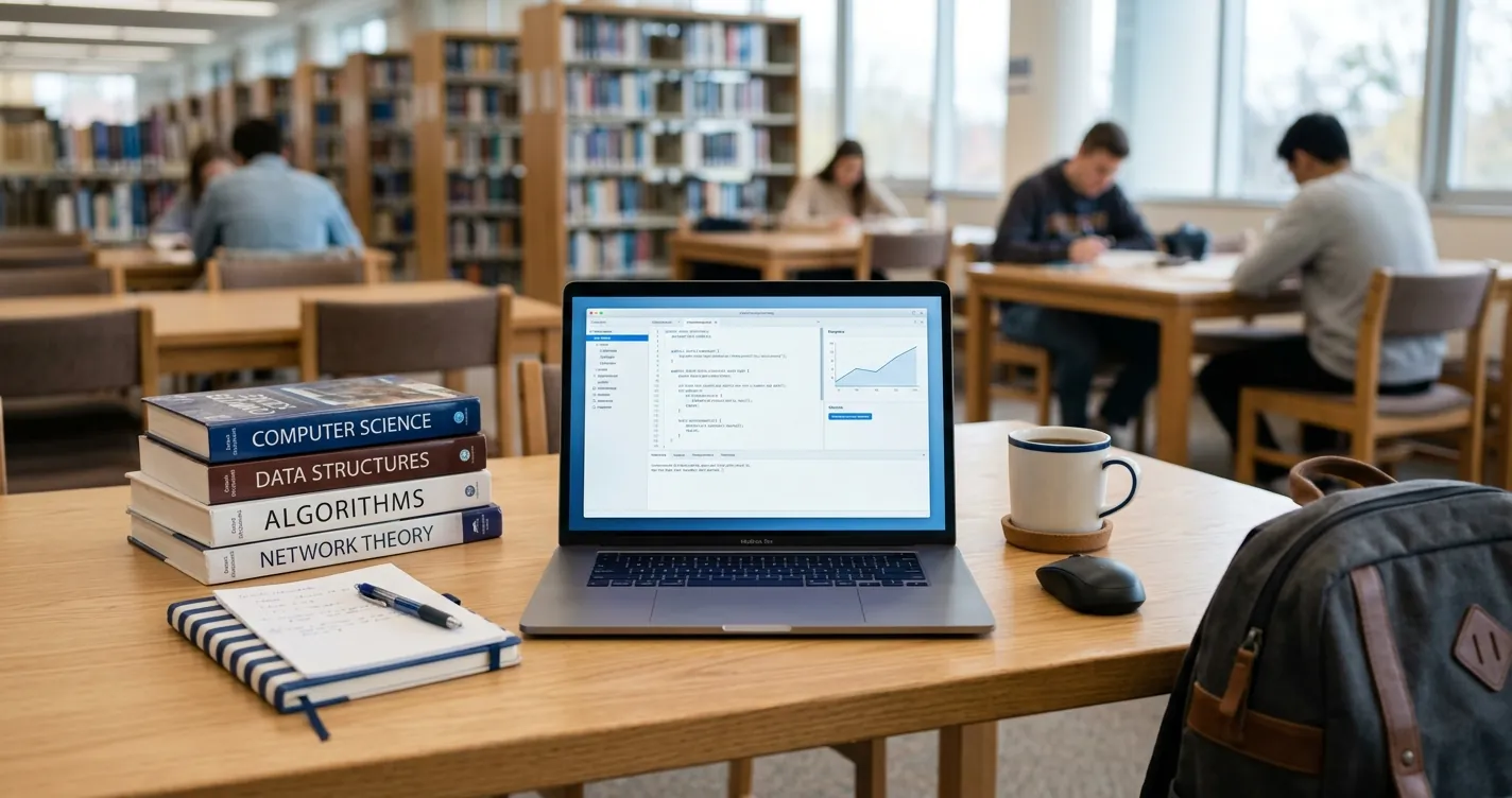 Mejores computadoras para estudiantes 2026: laptop abierta sobre escritorio con libros y mochila universitaria