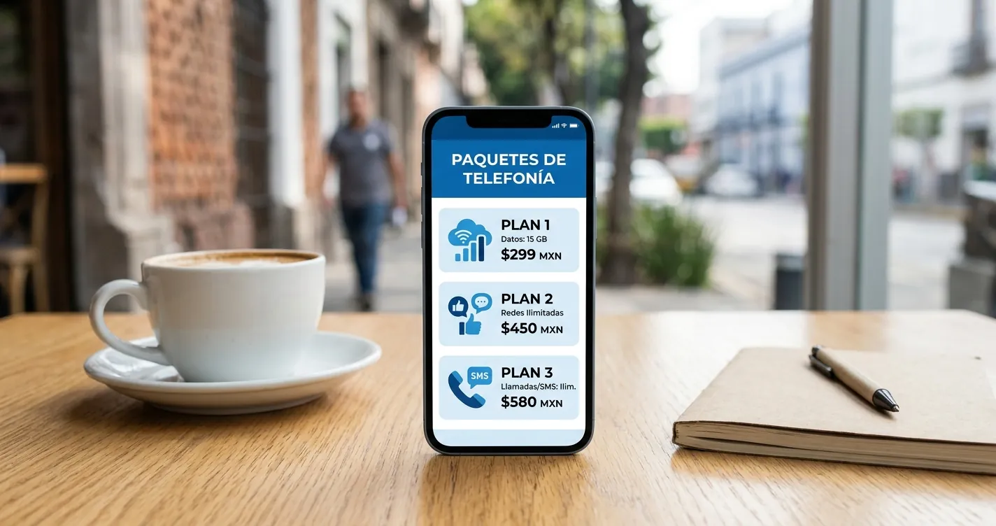 Cómo comprar paquetes de internet Telcel 2026: smartphone con menú de paquetes móviles sobre mesa de trabajo