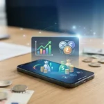 Apps para ganar dinero desde el celular 2026: smartphone con iconos de ingresos digitales y monedas