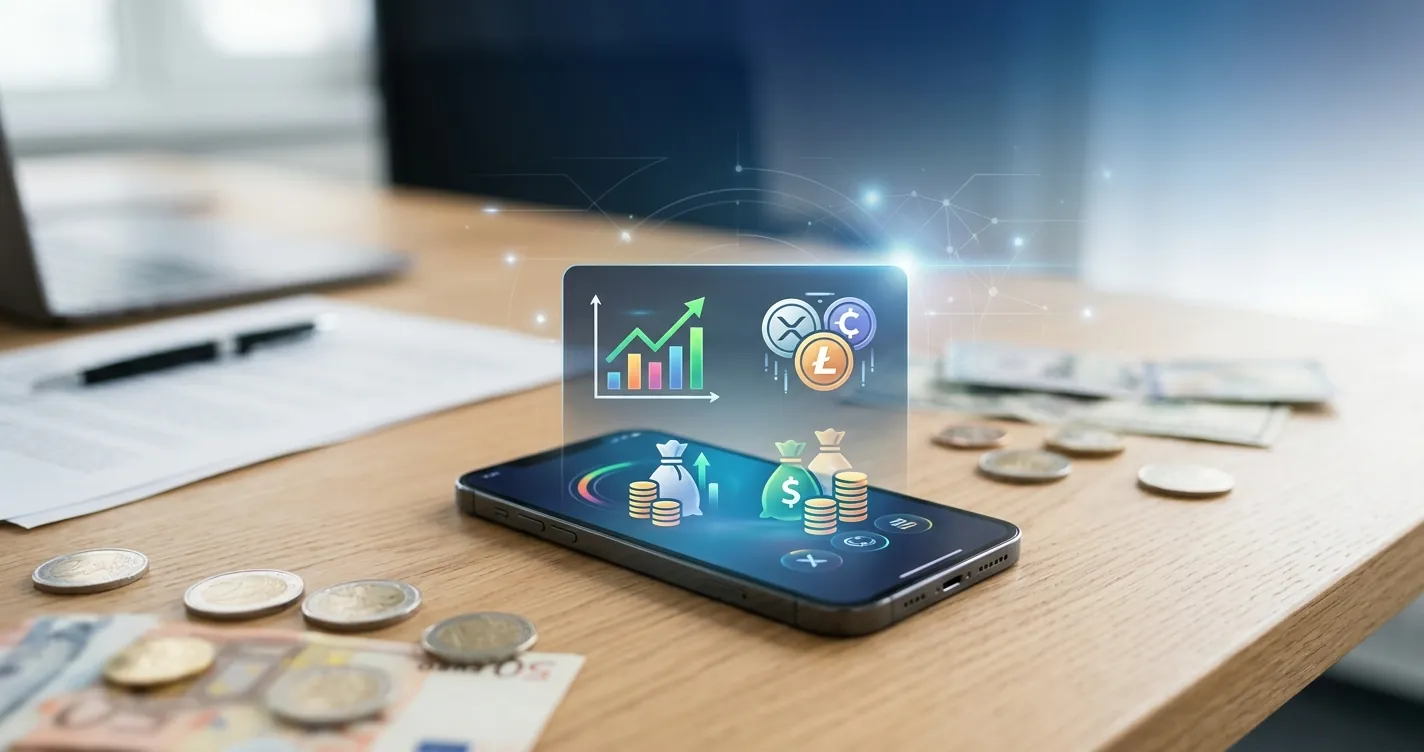 Apps para ganar dinero desde el celular 2026: smartphone con iconos de ingresos digitales y monedas