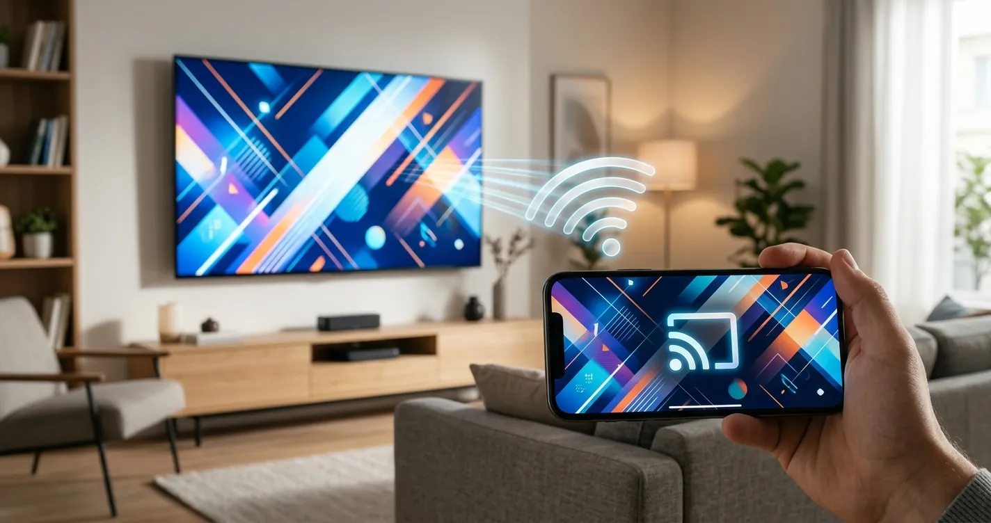 Cómo conectar iPhone a TV: smartphone duplicando pantalla en un televisor moderno mediante AirPlay