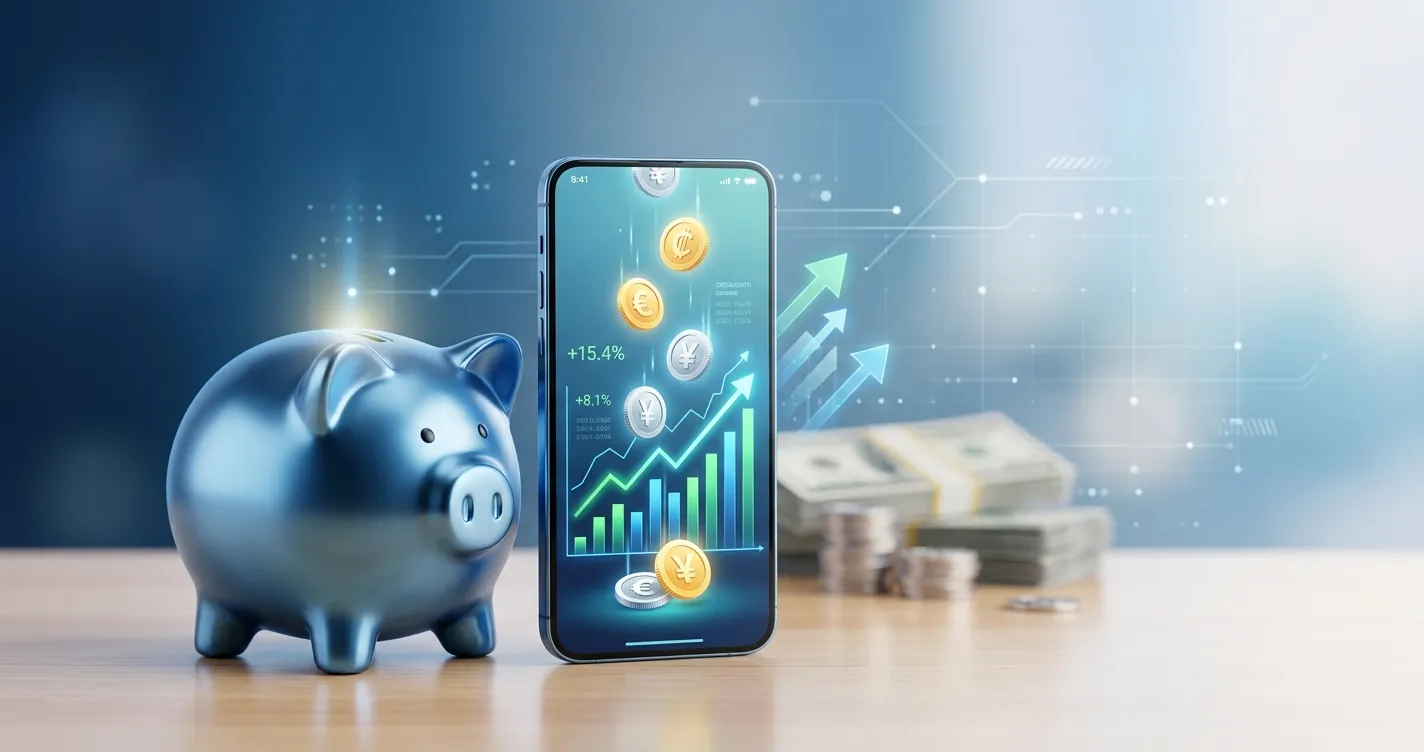 Mejores cuentas de ahorro México 2026: alcancía moderna y smartphone con gráfico de rendimiento financiero