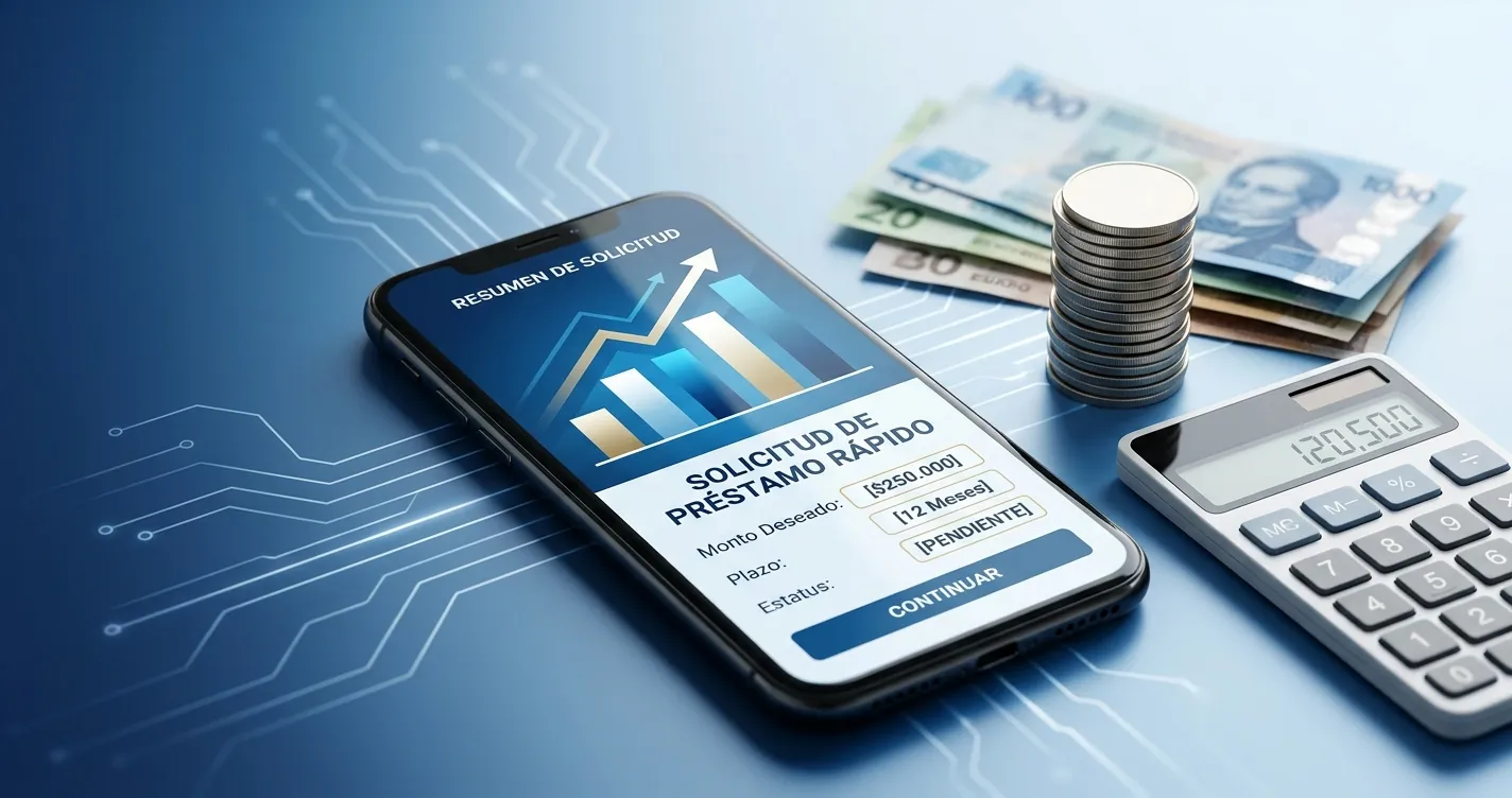 Mejores préstamos personales Perú 2026: smartphone con solicitud de crédito y monedas