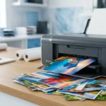 Imprimir fotos en Office Depot - Copias fotográficas tamaño postal saliendo de una impresora en mostrador de papelería