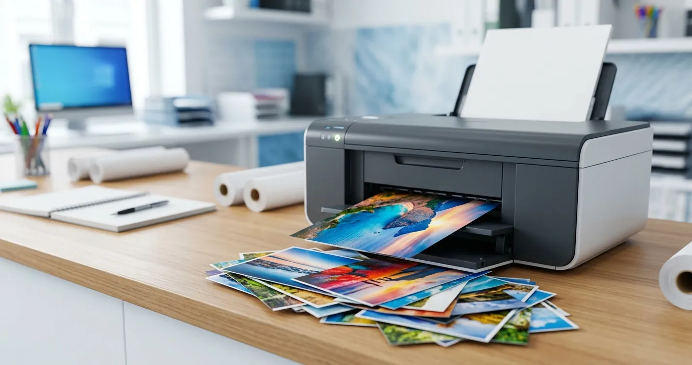 Imprimir fotos en Office Depot - Copias fotográficas tamaño postal saliendo de una impresora en mostrador de papelería
