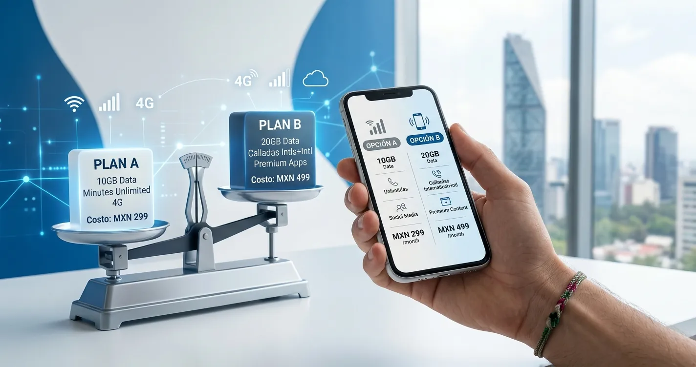 Pospago vs prepago México - Smartphone comparando planes móviles de telefonía