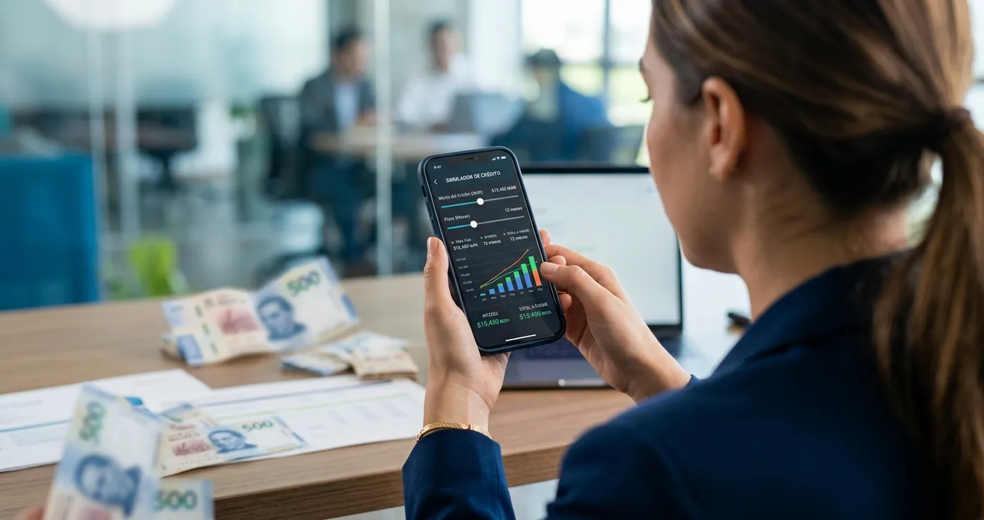 Créditos de nómina en México 2026 - persona consultando un simulador de préstamo en app bancaria