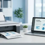 Cómo imprimir un documento PDF - Impresora moderna conectada a laptop y celular imprimiendo un archivo