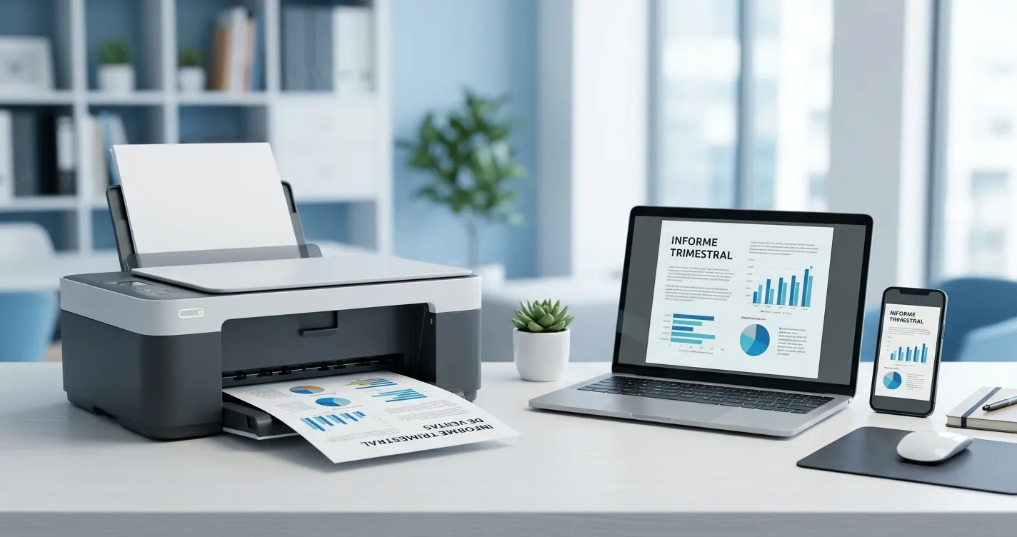 Cómo imprimir un documento PDF - Impresora moderna conectada a laptop y celular imprimiendo un archivo