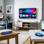 Mejores planes de internet para casa México 2026 - router de fibra óptica en sala con dispositivos conectados