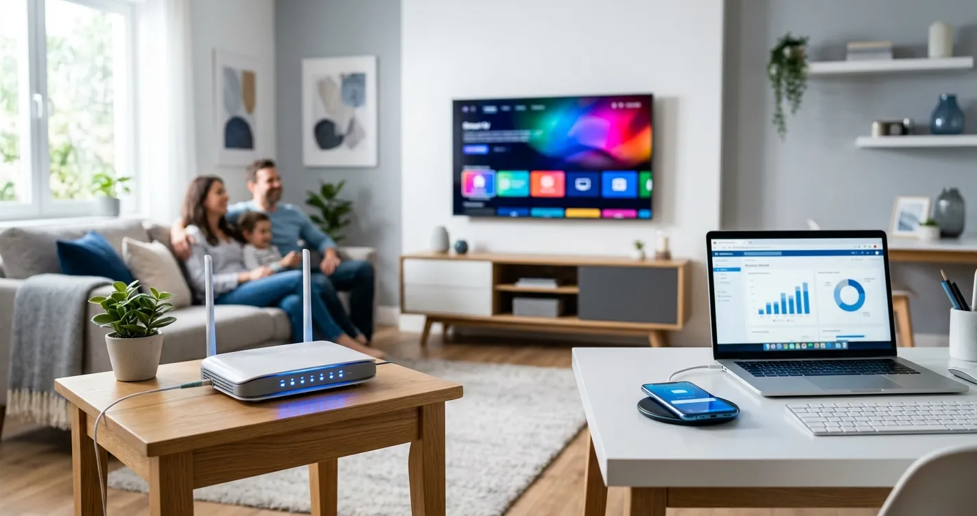 Mejores planes de internet para casa México 2026 - router de fibra óptica en sala con dispositivos conectados