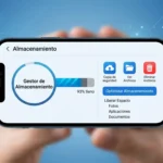 Cómo liberar espacio en el celular - Smartphone con almacenamiento lleno e iconos de nube y limpieza