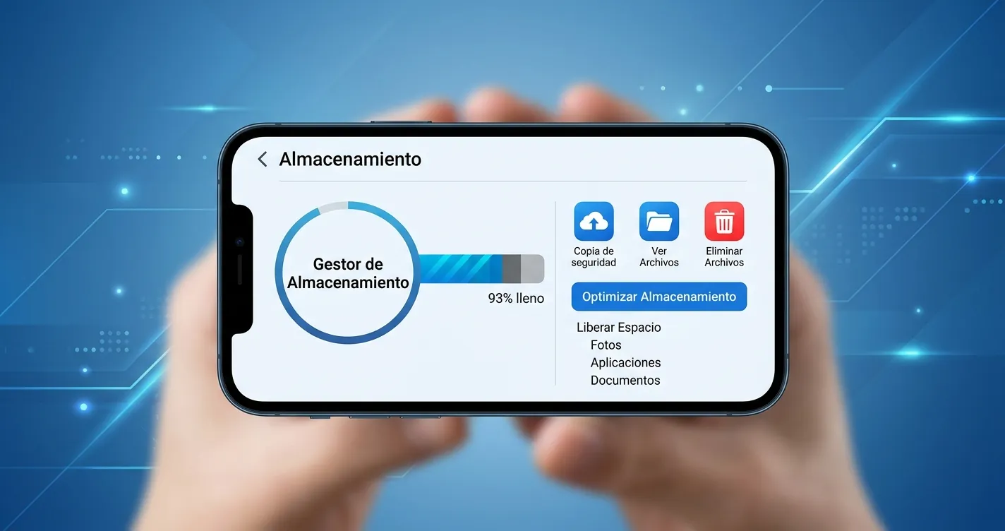 Cómo liberar espacio en el celular - Smartphone con almacenamiento lleno e iconos de nube y limpieza