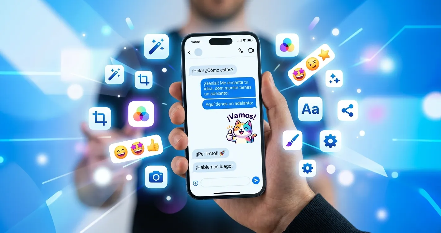 Trucos de iMessage para iPhone - Smartphone mostrando la app de mensajes con burbujas azules y stickers
