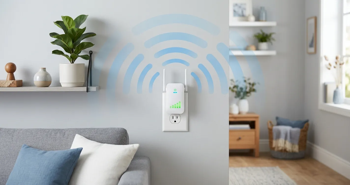 Mejores extensores WiFi 2026 - Repetidor WiFi enchufado en una casa amplificando la señal