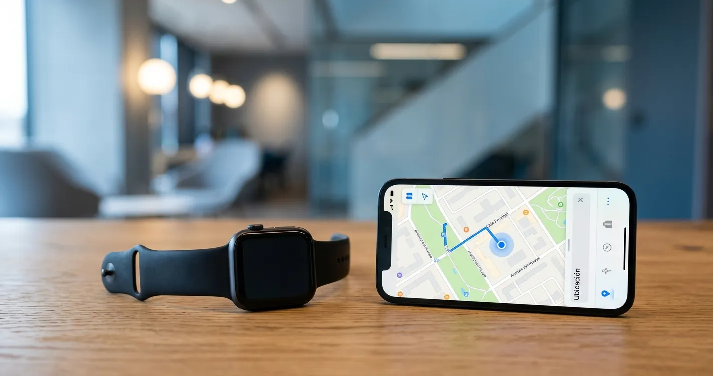Encontrar Apple Watch perdido sin batería - Smartwatch apagado junto a smartphone con mapa de ubicación