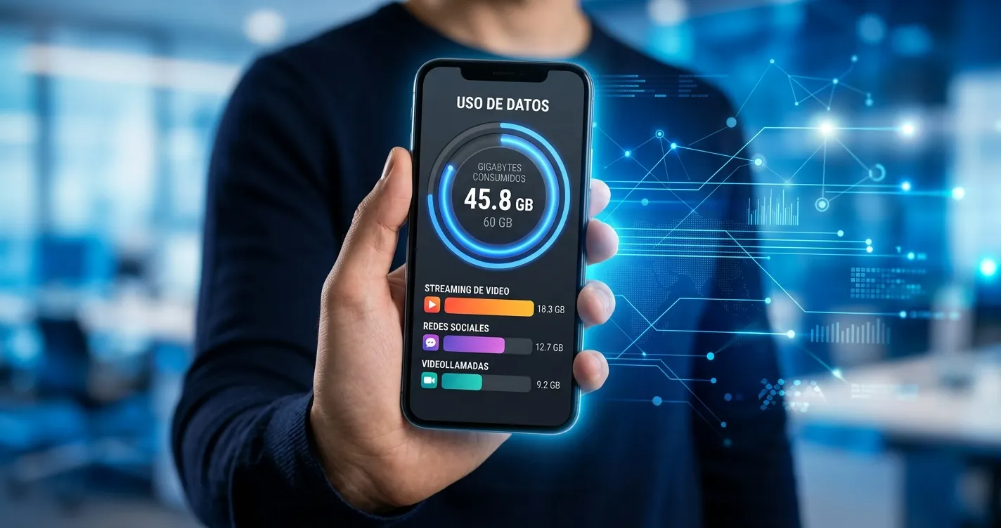 Calculadora de consumo de datos móviles - Smartphone con medidor de gigabytes consumidos al mes