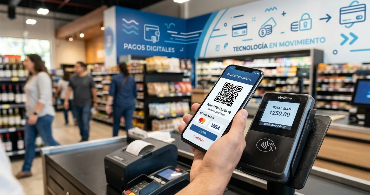 Mejores wallets digitales México 2026 - Persona pagando con app de pago en el celular frente a terminal sin contacto