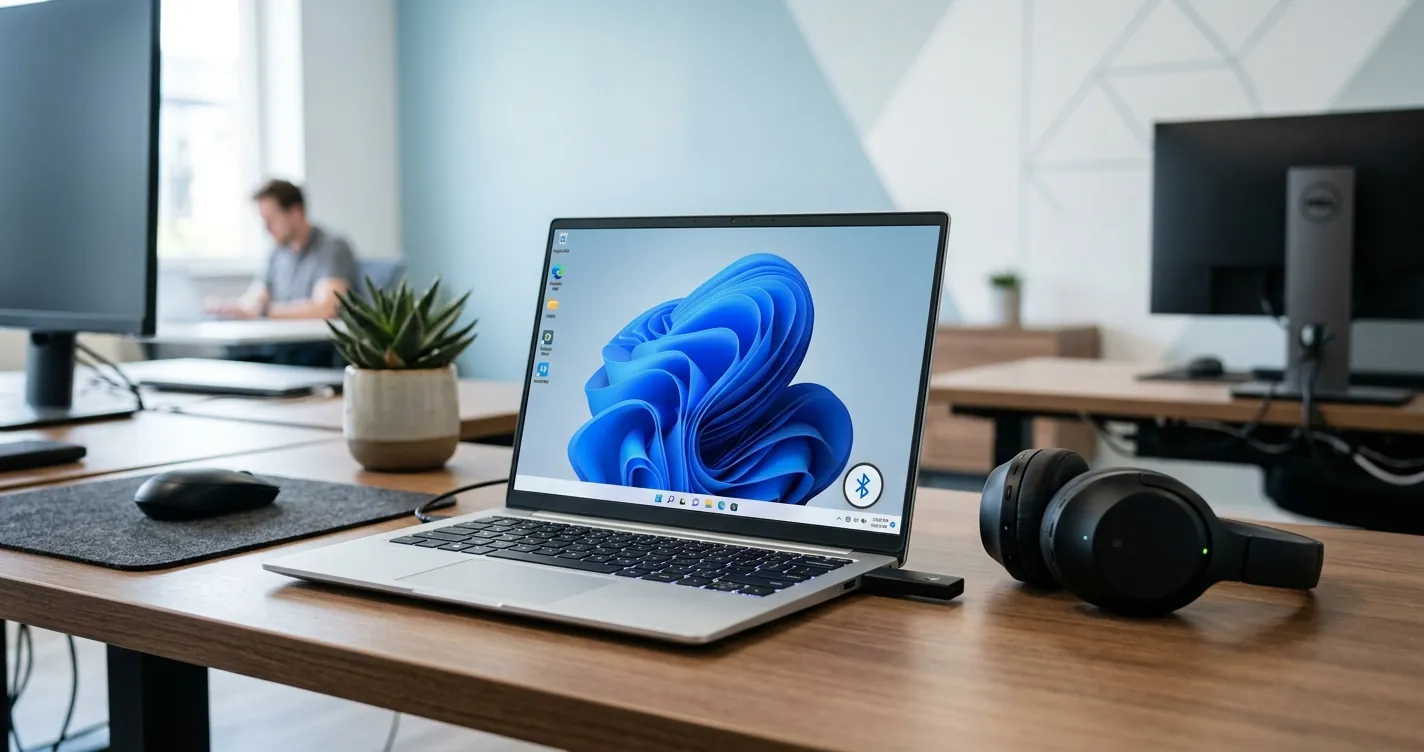 Activar Bluetooth en Windows 10 y 11 - laptop con icono de Bluetooth y dispositivos inalámbricos