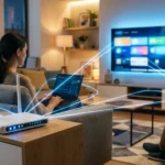 Cuál es una buena velocidad de internet: hogar con router de fibra y varios dispositivos conectados simultáneamente