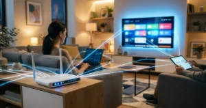 Cuál es una buena velocidad de internet: hogar con router de fibra y varios dispositivos conectados simultáneamente
