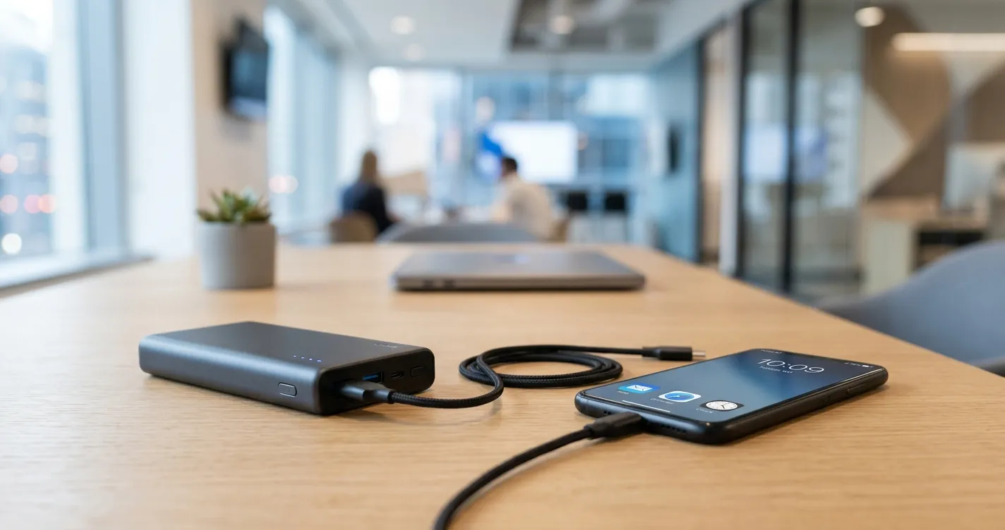 Mejor power bank para celular 2026 - Batería portátil conectada por cable USB-C a un smartphone
