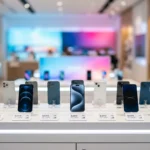 Comprar teléfono Metro PCS - Smartphones 5G exhibidos en el mostrador de una tienda de telefonía prepago
