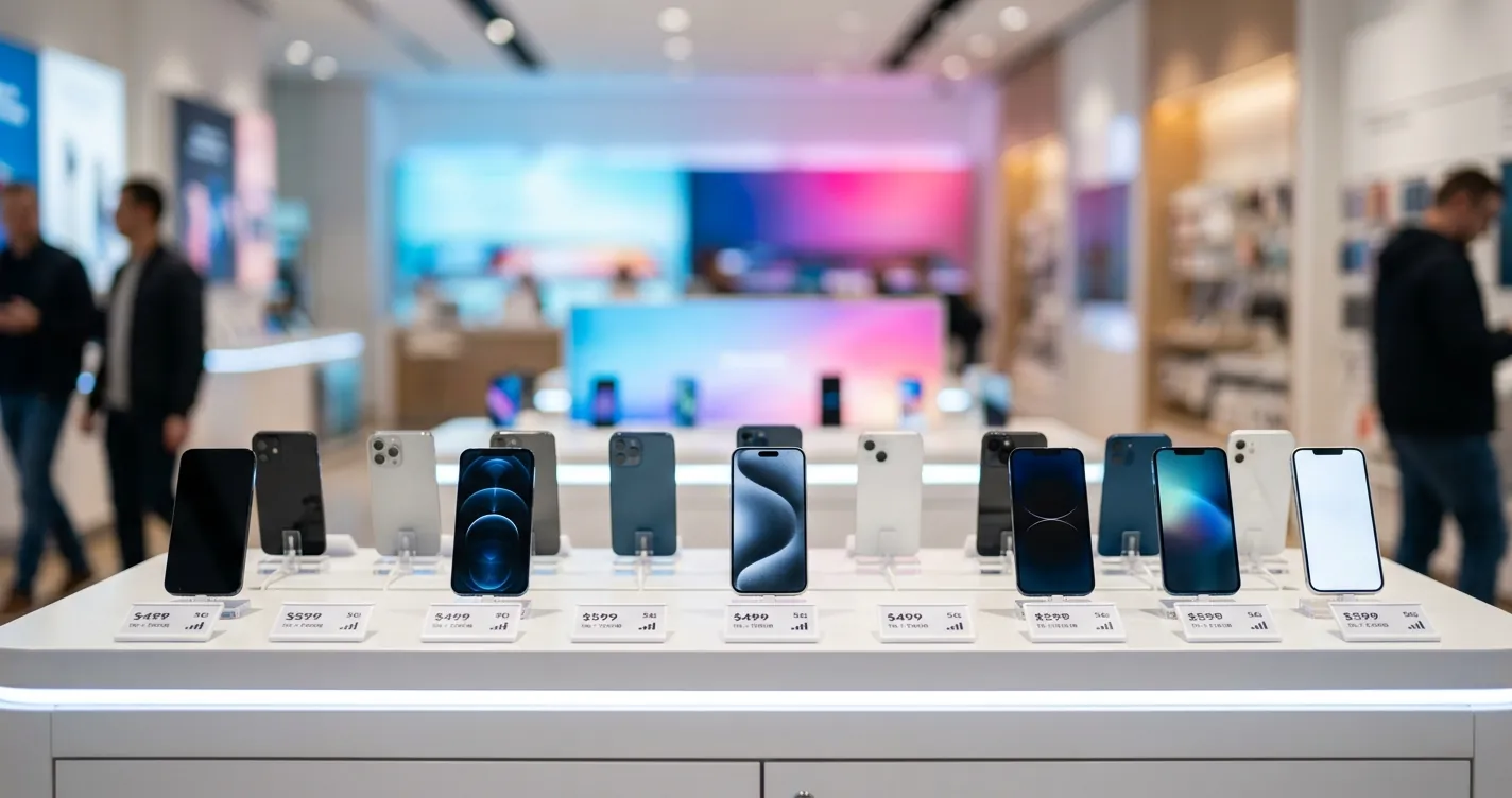 Comprar teléfono Metro PCS - Smartphones 5G exhibidos en el mostrador de una tienda de telefonía prepago