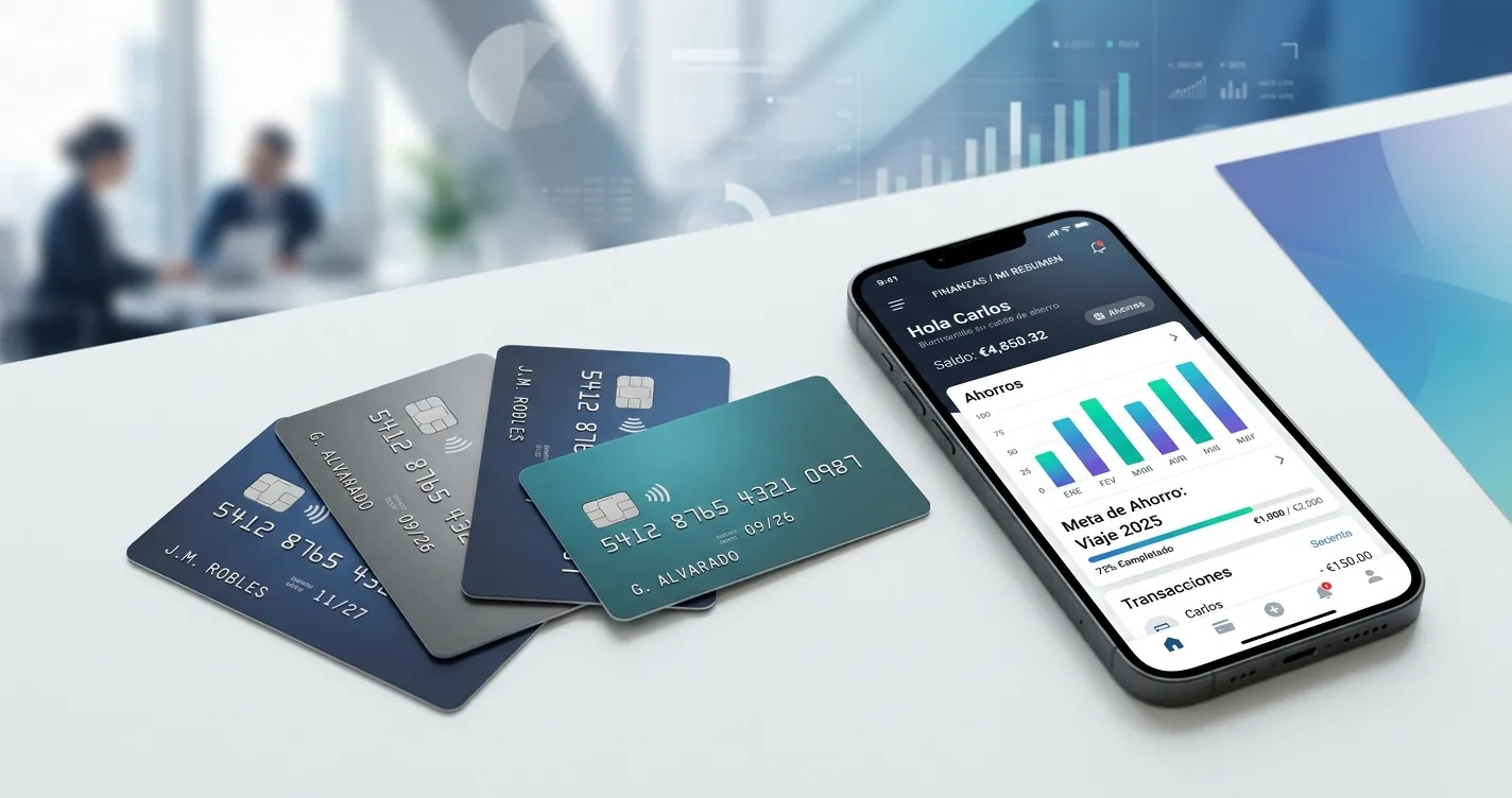 Mejores tarjetas de débito sin comisiones México 2026 - Tarjetas bancarias junto a smartphone con app de banca digital