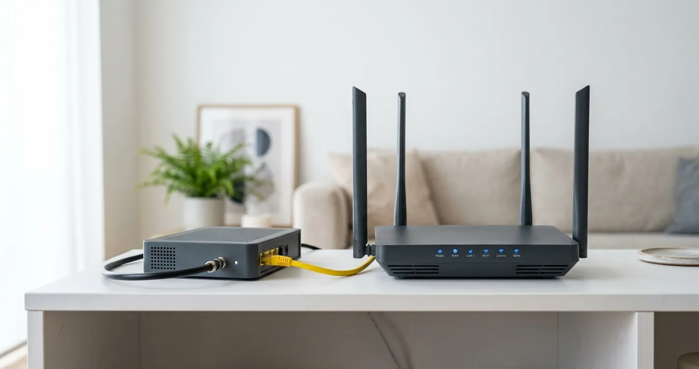 Diferencia entre módem y router - Módem y router conectados por cable Ethernet en una red doméstica