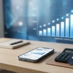 Calculadora de cuotas para celular nuevo - Smartphone junto a una calculadora y tarjeta bancaria sobre escritorio