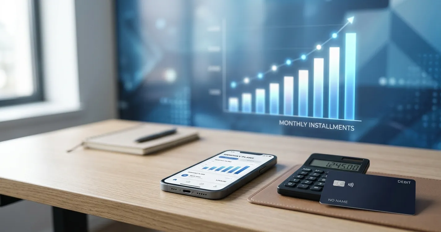 Calculadora de cuotas para celular nuevo - Smartphone junto a una calculadora y tarjeta bancaria sobre escritorio