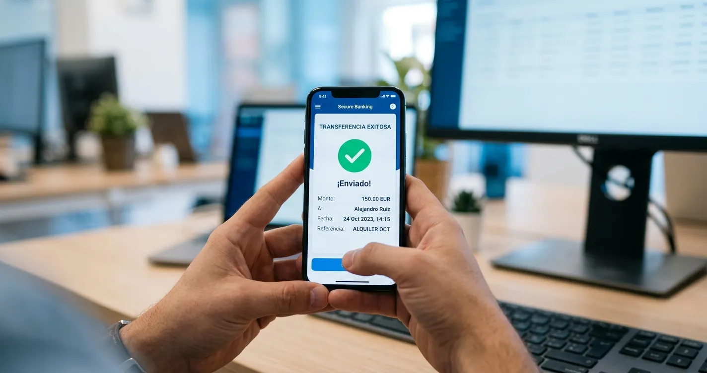 Cómo hacer una transferencia SPEI gratis - Smartphone con app de banca móvil confirmando el envío de dinero
