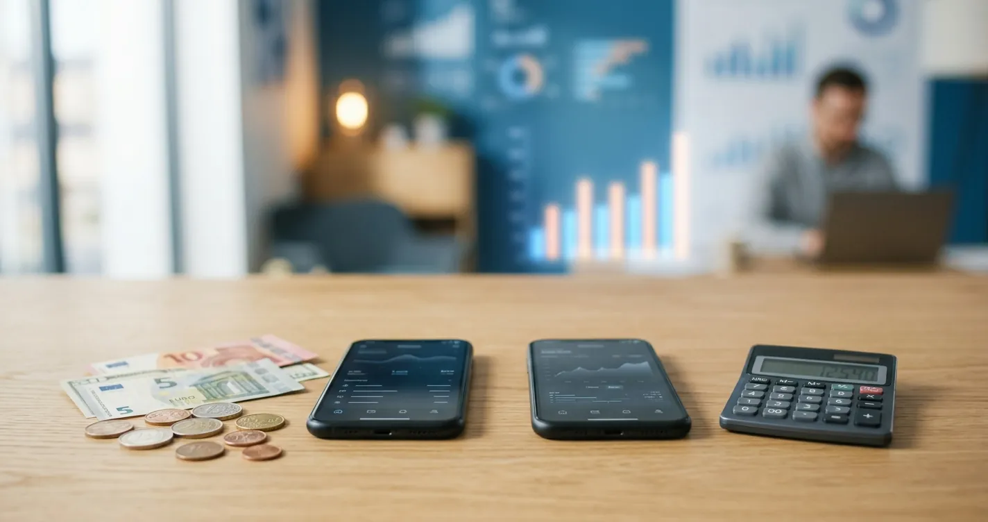 Calculadora plan vs prepago - Dos smartphones comparados junto a monedas y una calculadora