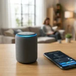 Cómo configurar Alexa - Bocina inteligente Echo con anillo azul y smartphone con la app de configuración